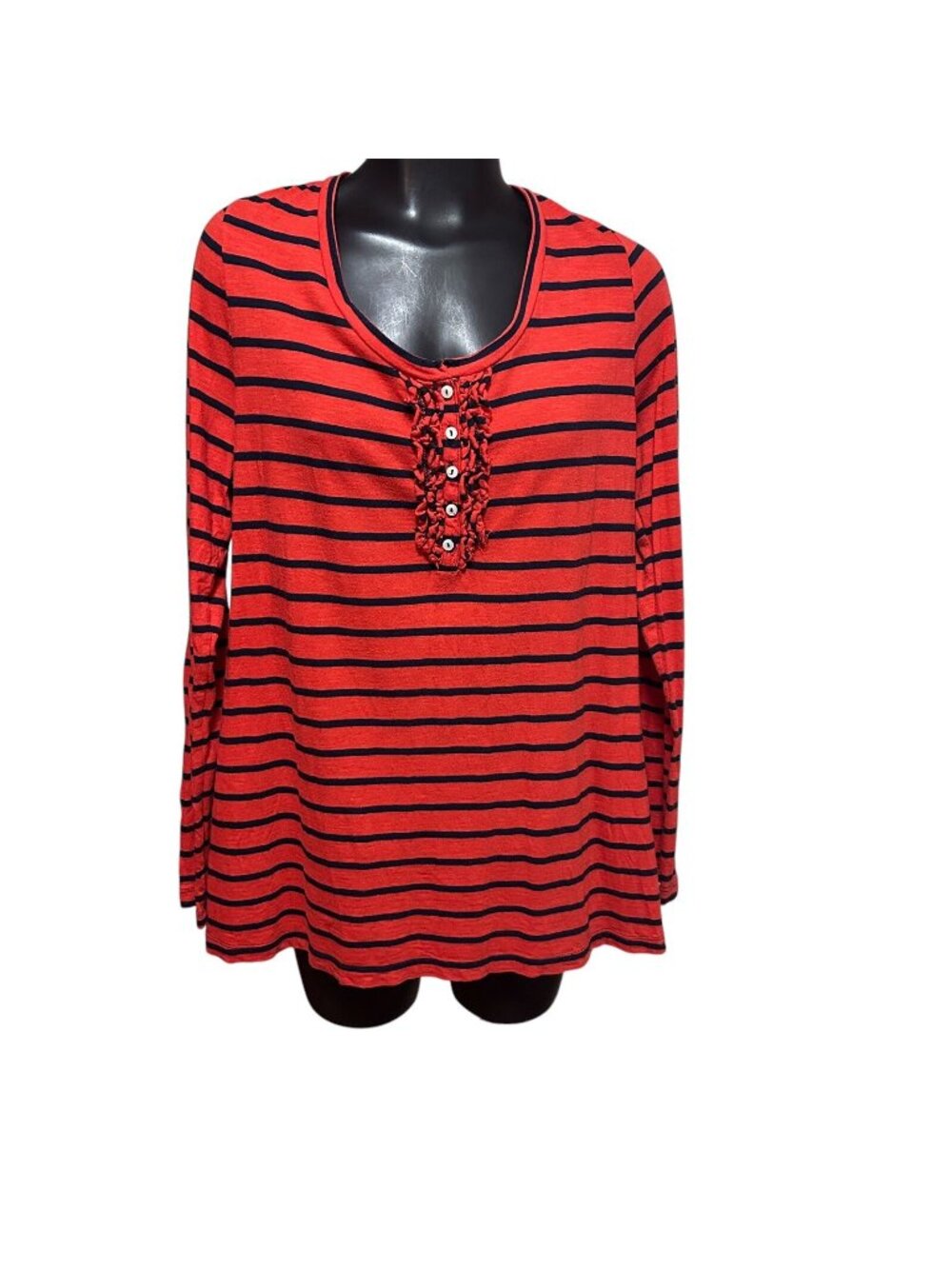 Old Navy Womens XL Henley Pullover Red Navy Striped Ruffle Long Sleeve Top